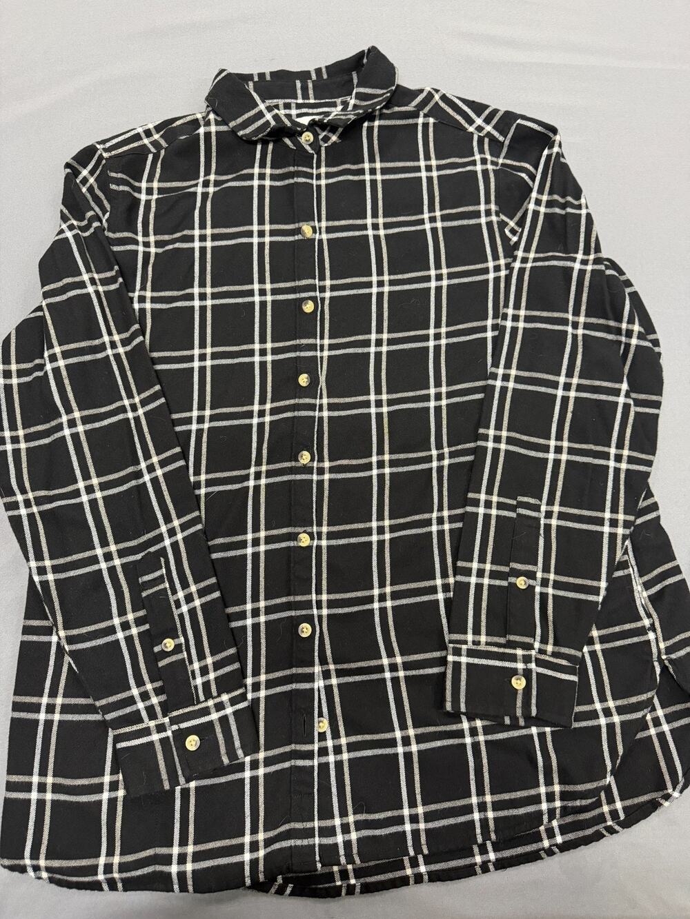 Jachs Women’s Flannel Shirt Large Black White Plaid Button Up Long Sleeve Pocket